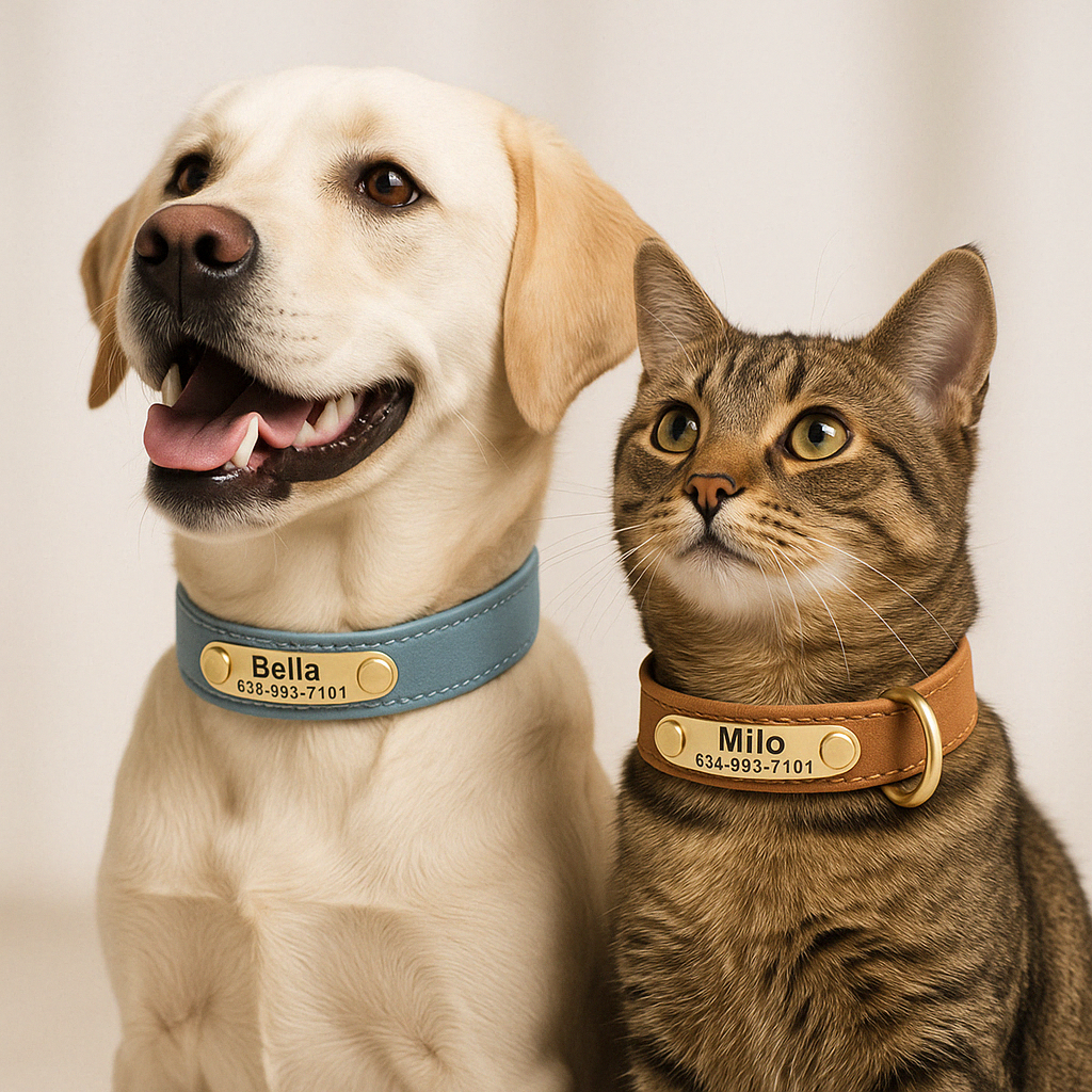 CloudPet™ Personalized Leather Pet Collar – Custom Engraved Name & Number Tag